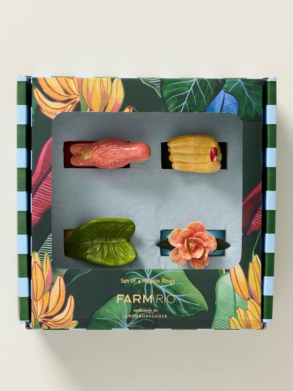 Anthropologie Farm Rio Napkin Ring Set - Coral, Yellow, Green, Peach